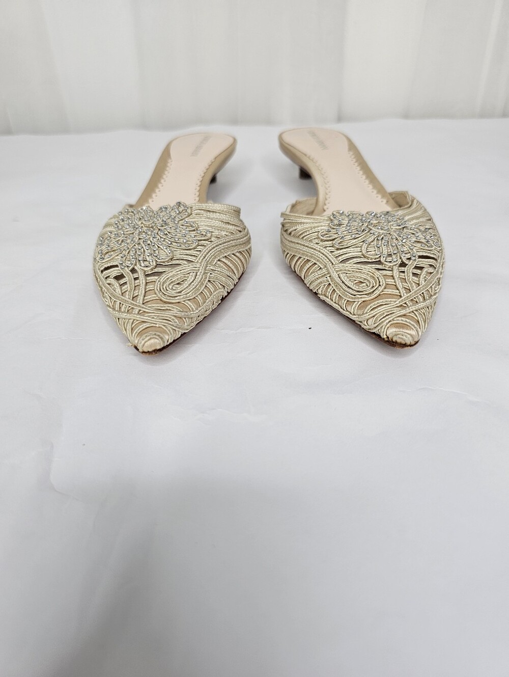 Vintage Giorgio Armani Corded Metallic Gold Embellished Mule Kitten Heel Size 38 - Picture 6 of 9